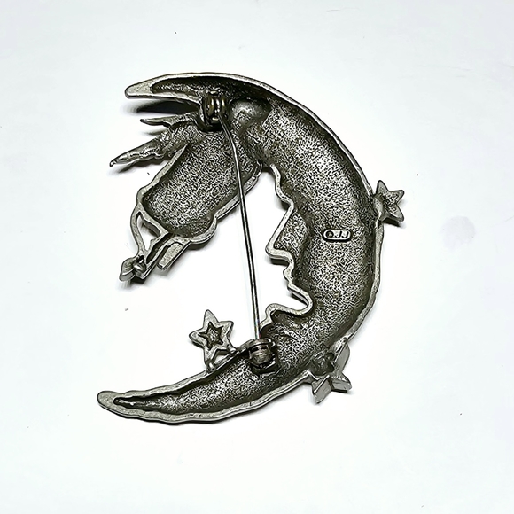 NWOT JJ silver with gold stars cow jumped over the moon brooch, campy, whimsical - Picture 2 of 4